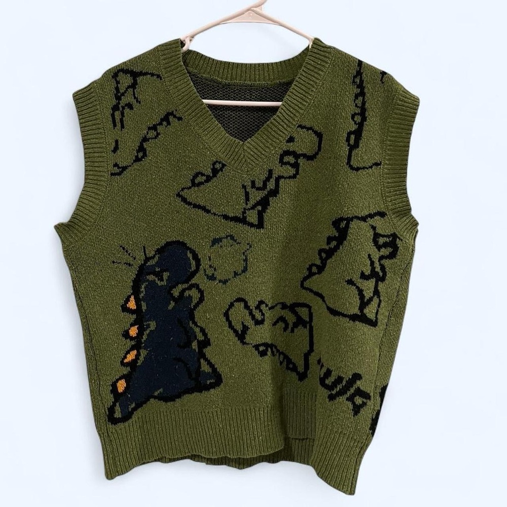 SOLD Aelfric Eden Olive Green Knit V-Neck Vest with Black & Orange Dino Motif.